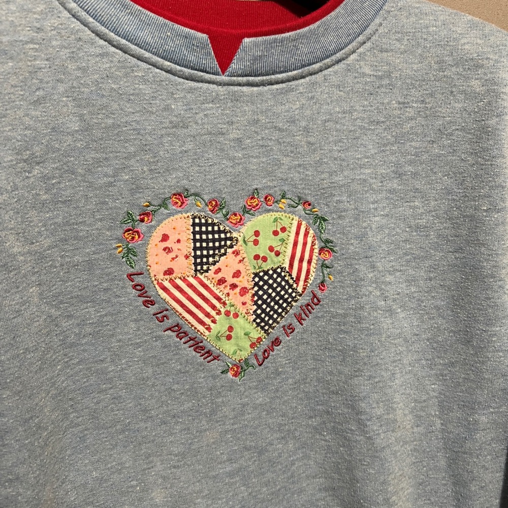 Haband Womens Blue Patchwork Heart Love is Patient Sweatshirt L Double Collar - Picture 2 of 5